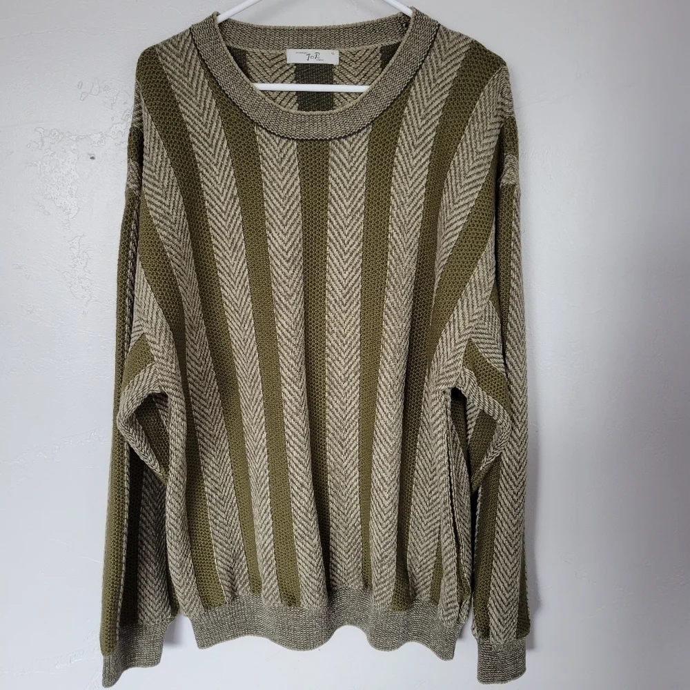 Mountain Top Tokyo LL XL Men's Oversized Grandpa Sweater Green Striped Chenille